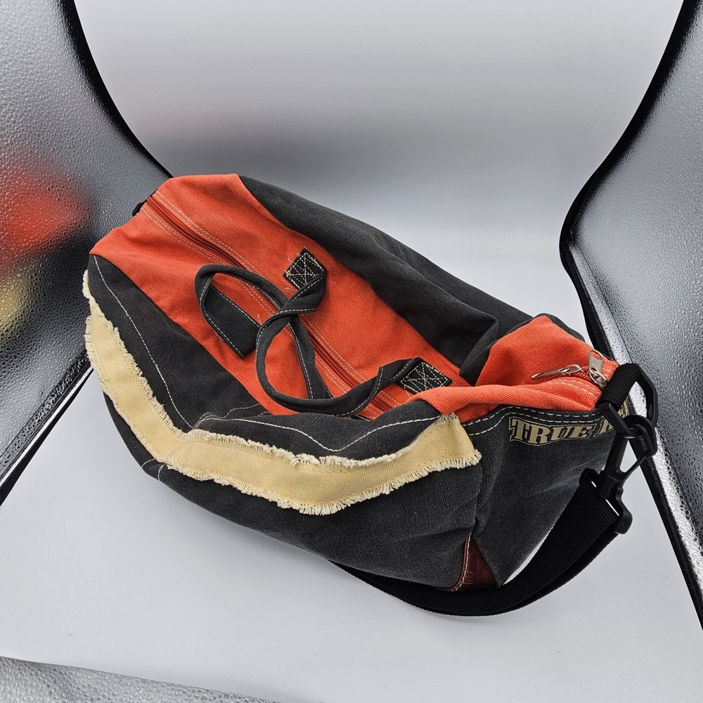 True Religion Canvas Duffle Bag Black Orange Frayed Trim Weekend Gym Travel Bag